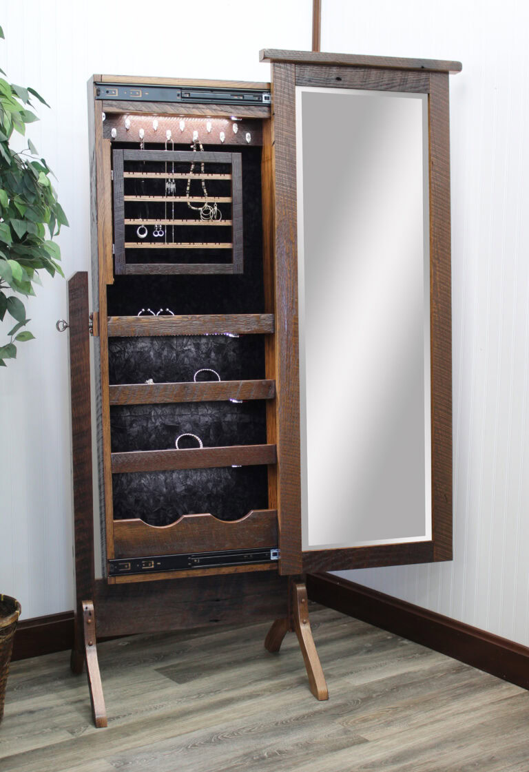 Custom Traditional Shaker Jewelry Cheval LED Open Reclaimed Barn Wood