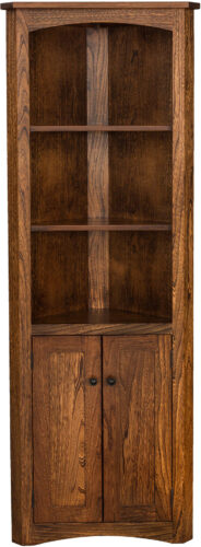 Amish Mission Fixed Shelf Corner Bookcase with Doors