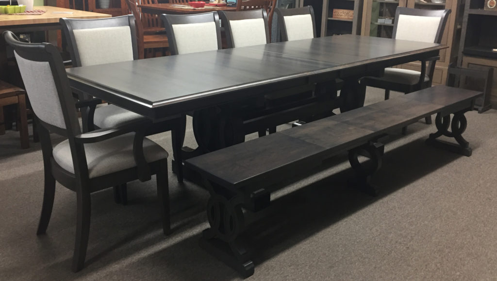 Gray Rustic Cherry Table Set with Expandable Bench, Side Chairs and Arm Chairs.